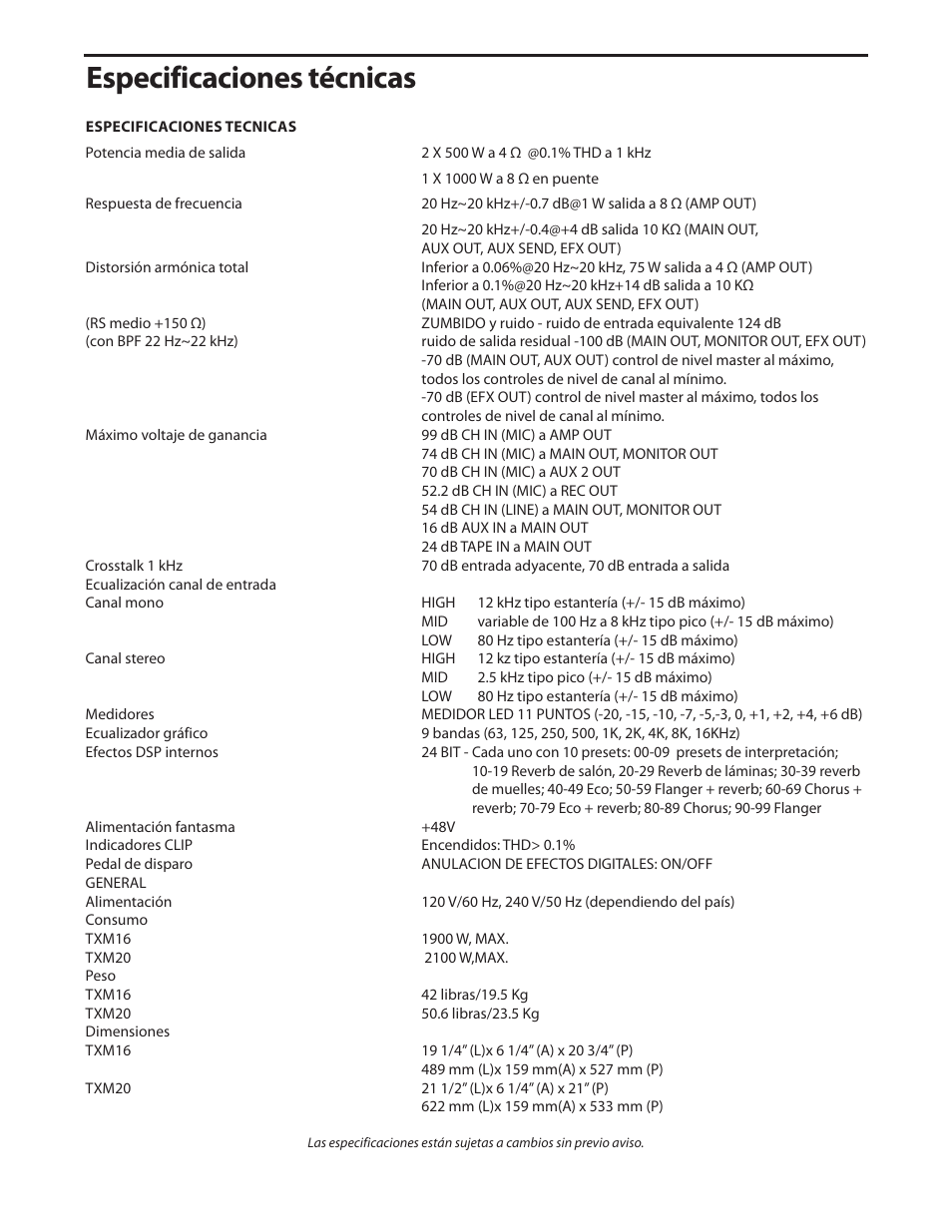 Especificaciones técnicas | Samson Txm16 User Manual | Page 128 / 132