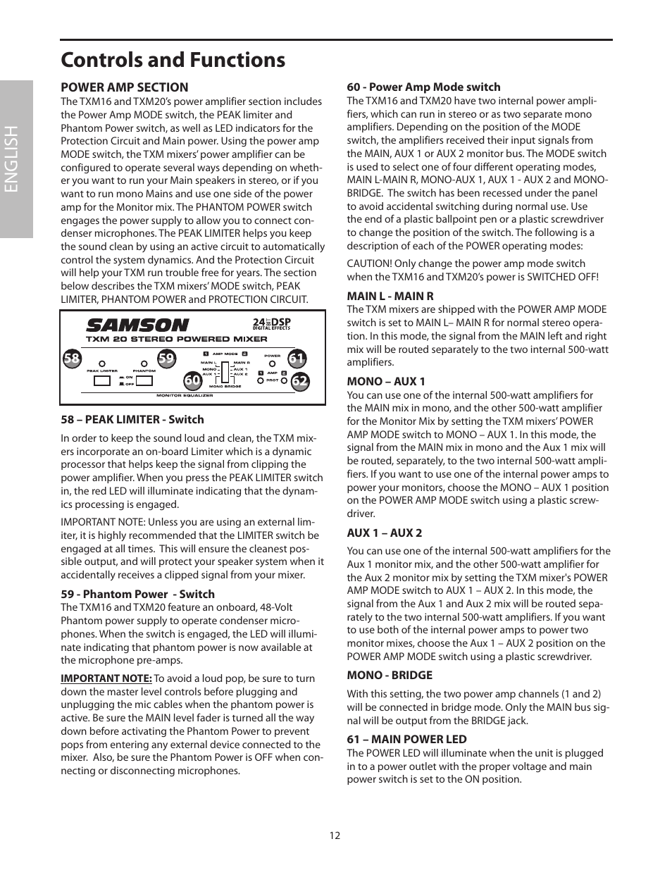 Power amp section, Controls and functions, English | Samson Txm16 User Manual | Page 16 / 132