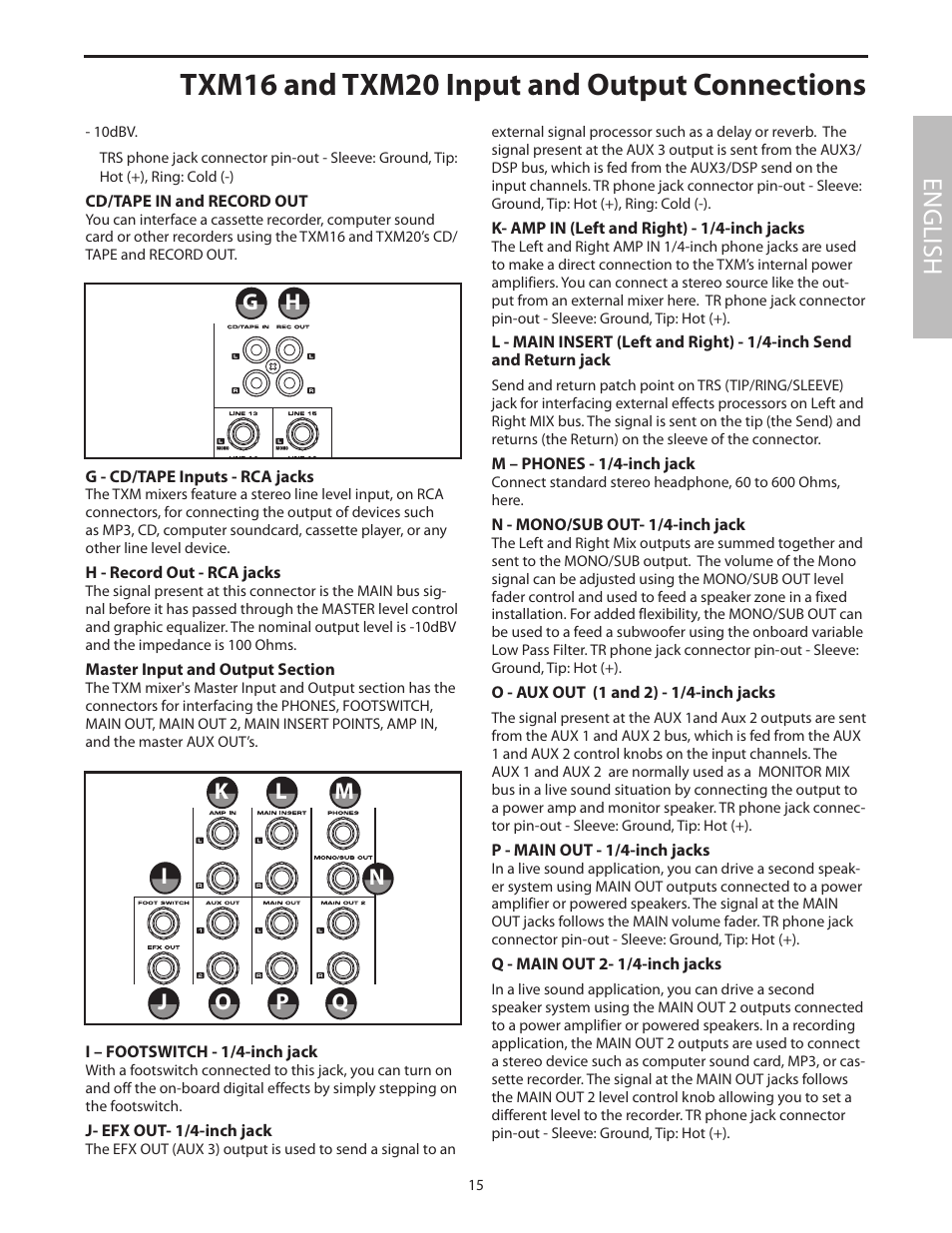 Txm16 and txm20 input and output connections, English | Samson Txm16 User Manual | Page 19 / 132