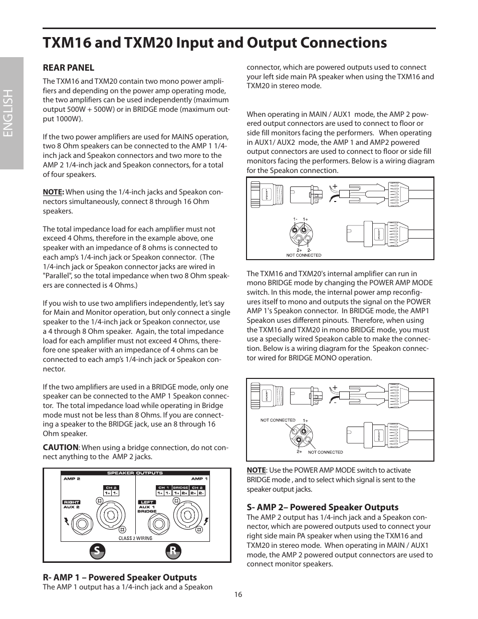 Rear panel, Txm16 and txm20 input and output connections, English | Samson Txm16 User Manual | Page 20 / 132