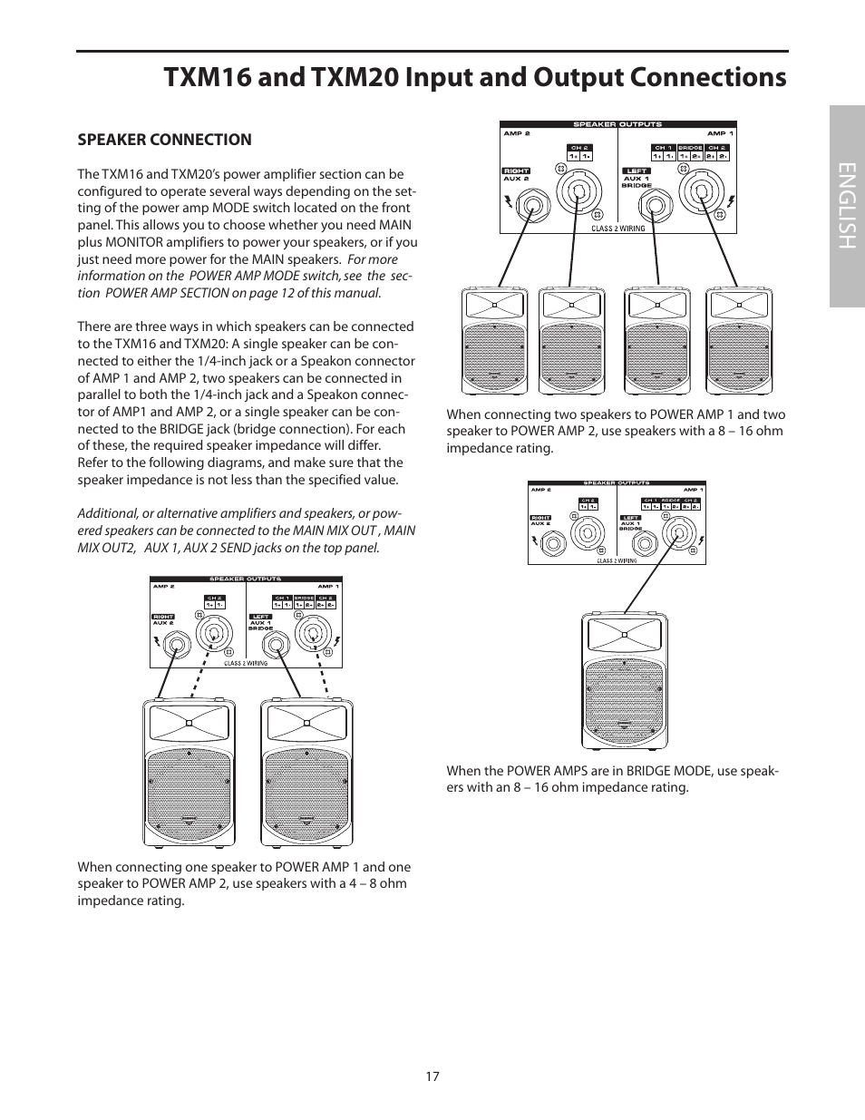 Speaker connection, Txm16 and txm20 input and output connections, English | Samson Txm16 User Manual | Page 21 / 132