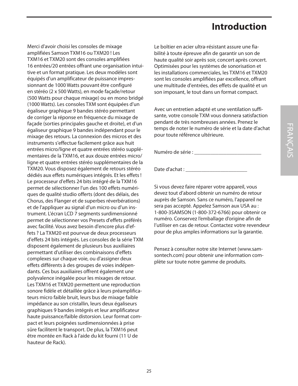 Français, Introduction, Fr anç ais | Samson Txm16 User Manual | Page 29 / 132