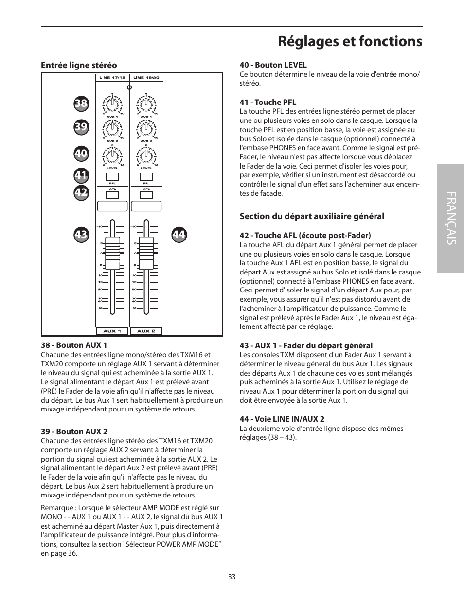 Entrée ligne stéréo, 38 - bouton aux 1, Section du départ auxiliaire général | Réglages et fonctions, Fr anç ais | Samson Txm16 User Manual | Page 37 / 132