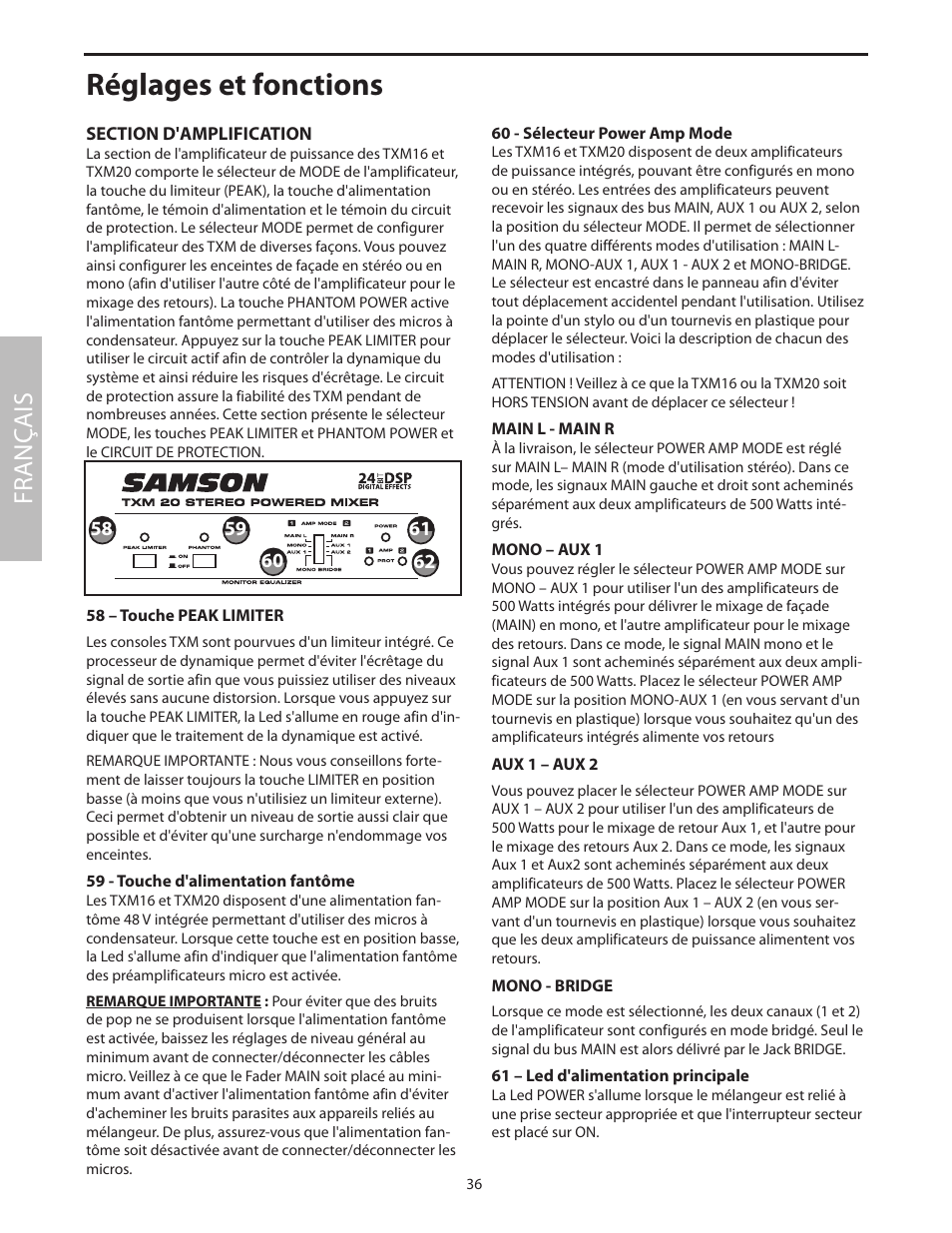 Section d'amplification, Réglages et fonctions, Fr anç ais | Samson Txm16 User Manual | Page 40 / 132