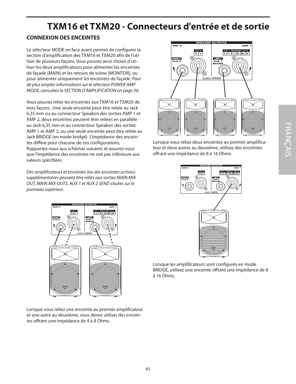 Connexion des enceintes, Txm16 et txm20 - connecteurs d'entrée et de sortie, Fr anç ais | Samson Txm16 User Manual | Page 45 / 132