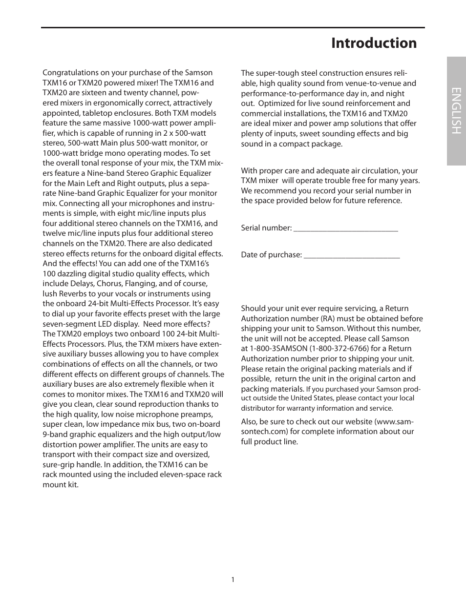 English, Introduction | Samson Txm16 User Manual | Page 5 / 132