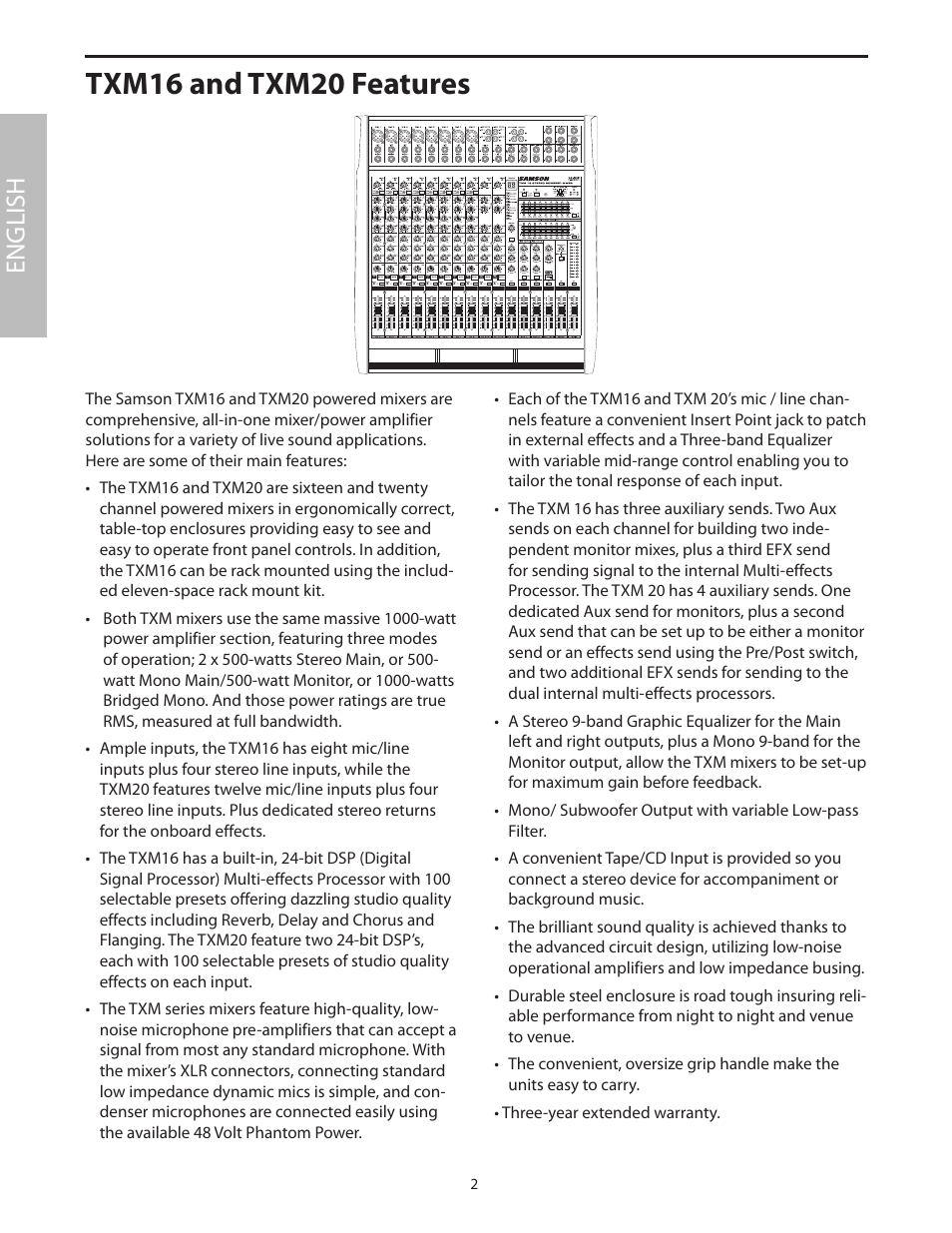 Txm16 and txm20 features, English | Samson Txm16 User Manual | Page 6 / 132