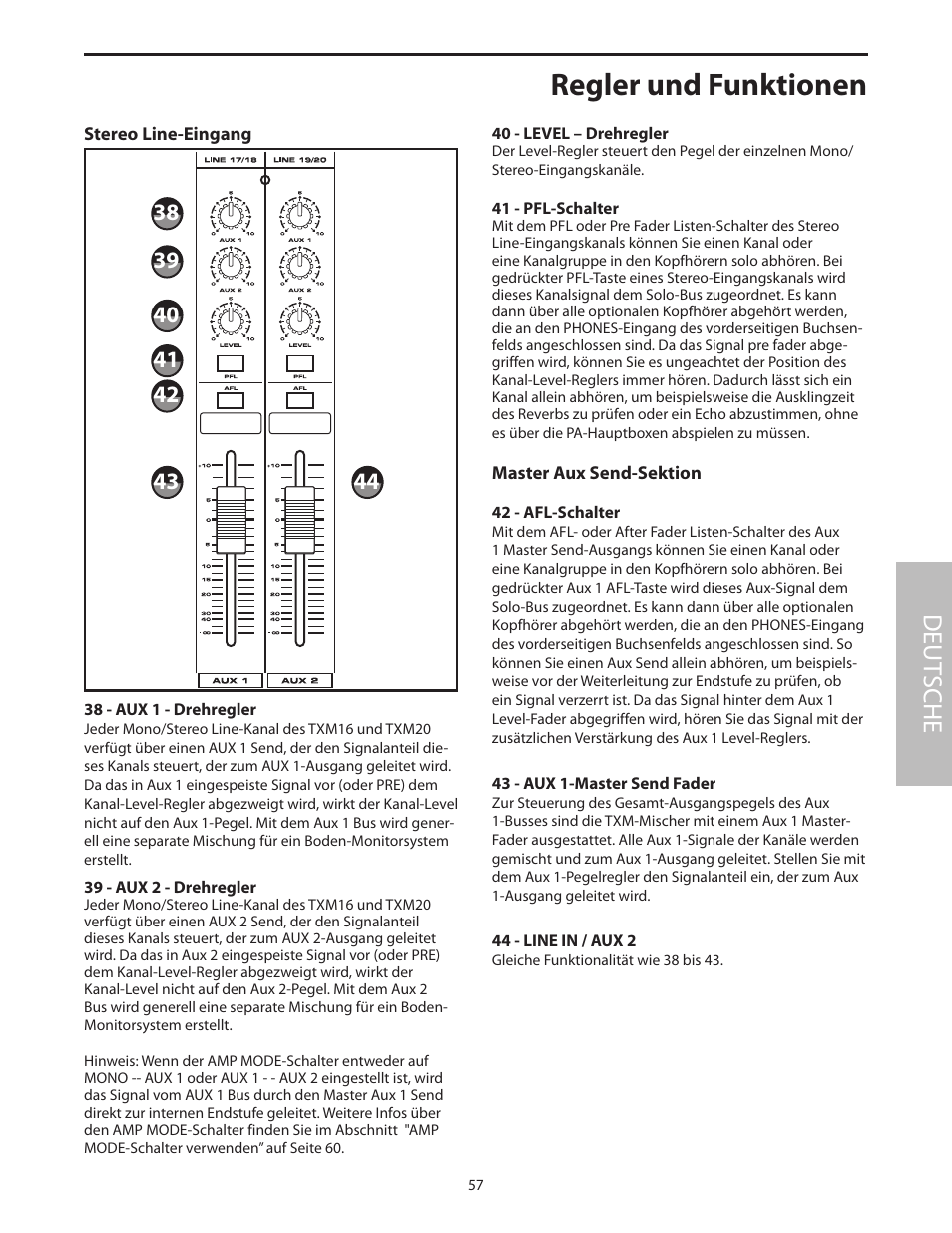 Stereo line-eingang, 38 - aux 1 - drehregler, Master aux send-sektion | Regler und funktionen, Deut sche | Samson Txm16 User Manual | Page 61 / 132