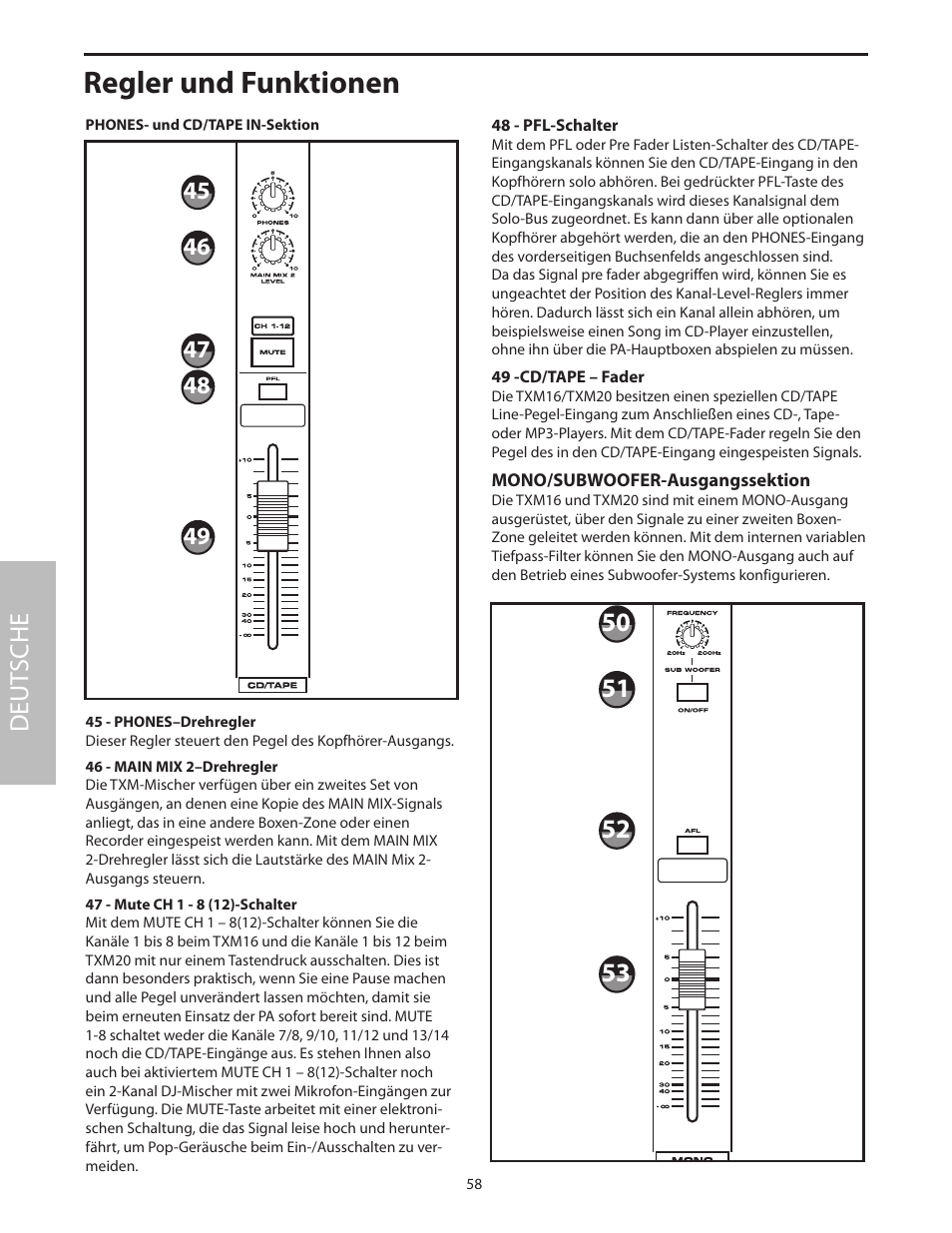 Phones- und cd/tape in-sektion, Mono/subwoofer-ausgangssektion, Regler und funktionen | Deut sche | Samson Txm16 User Manual | Page 62 / 132