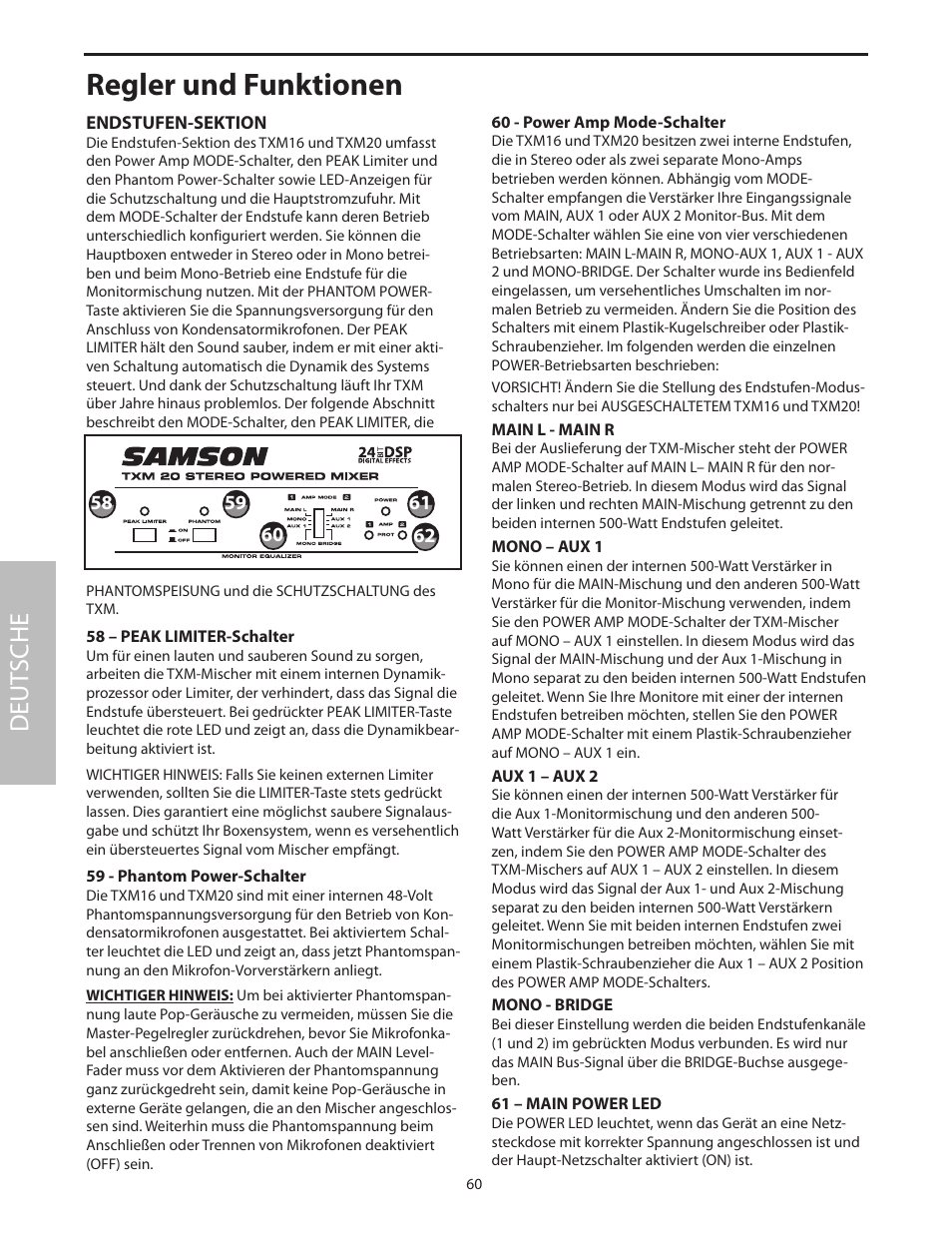 Endstufen-sektion, Regler und funktionen, Deut sche | Samson Txm16 User Manual | Page 64 / 132