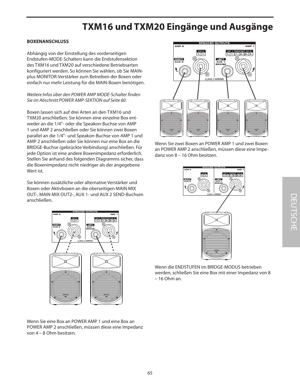 Boxenanschluss, Txm16 und txm20 eingänge und ausgänge, Deut sche | Samson Txm16 User Manual | Page 69 / 132