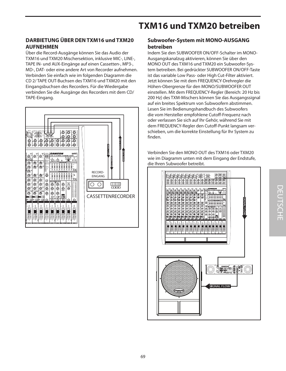 Darbietung über den txm16 und txm20 aufnehmen, Subwoofer-system mit mono-ausgang betreiben, Txm16 und txm20 betreiben | Deut sche | Samson Txm16 User Manual | Page 73 / 132