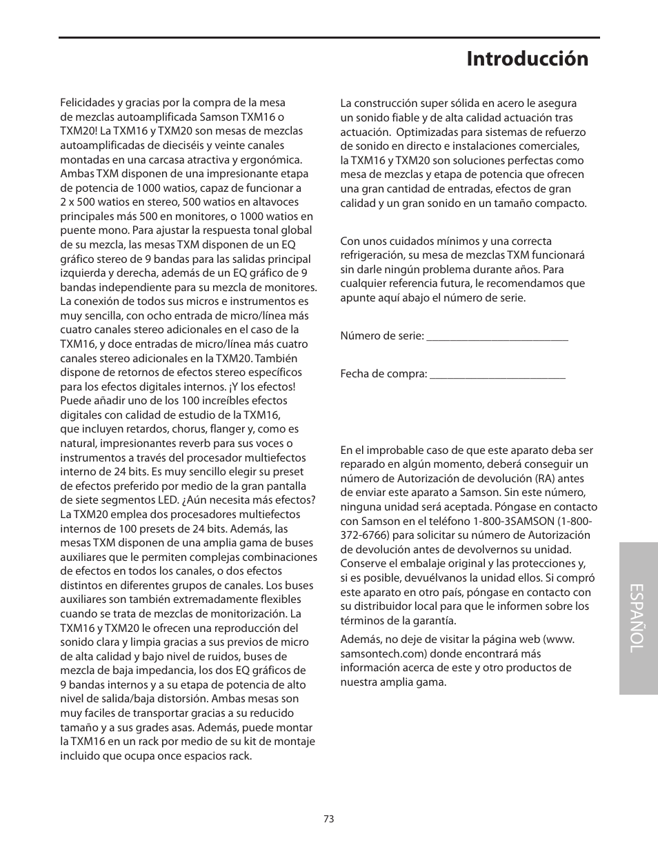 Español, Introducción, Esp añol | Samson Txm16 User Manual | Page 77 / 132