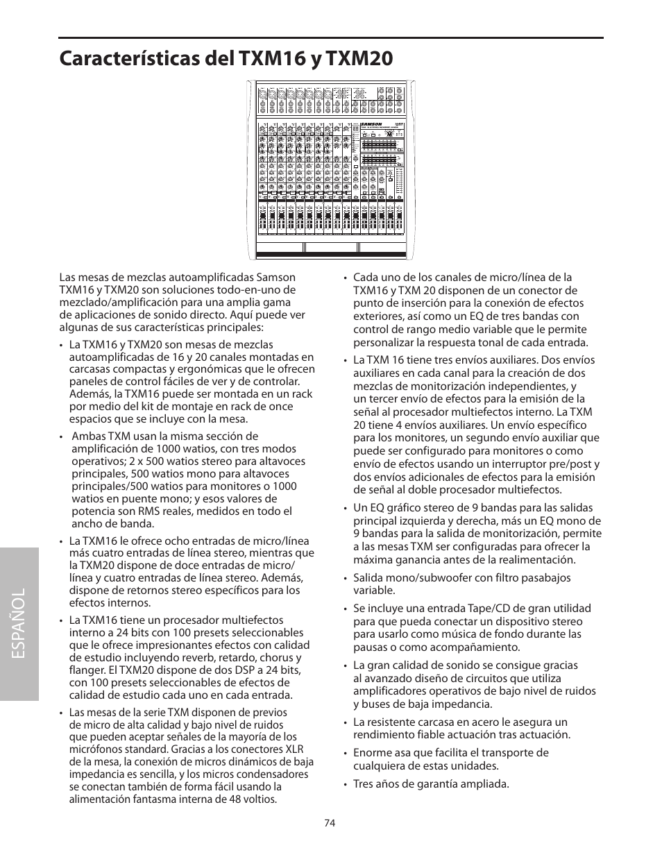 Características del txm16 y txm20, Esp añol | Samson Txm16 User Manual | Page 78 / 132