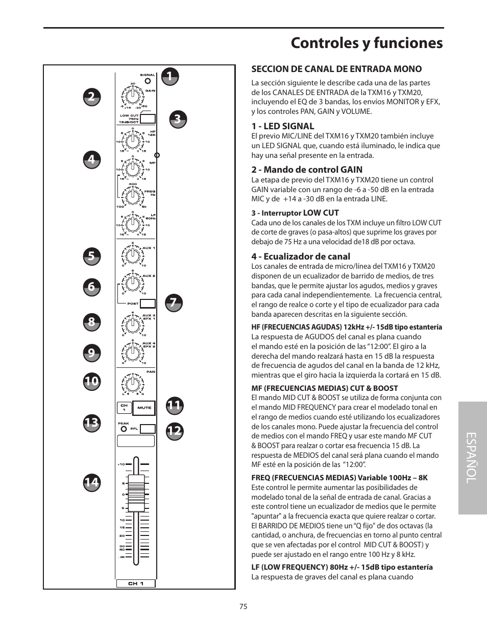 Controles y funciones, Seccion de canal de entrada mono, Esp añol | Samson Txm16 User Manual | Page 79 / 132
