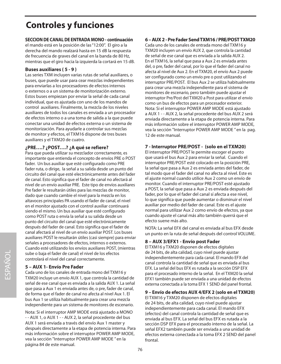Controles y funciones, Esp añol | Samson Txm16 User Manual | Page 80 / 132