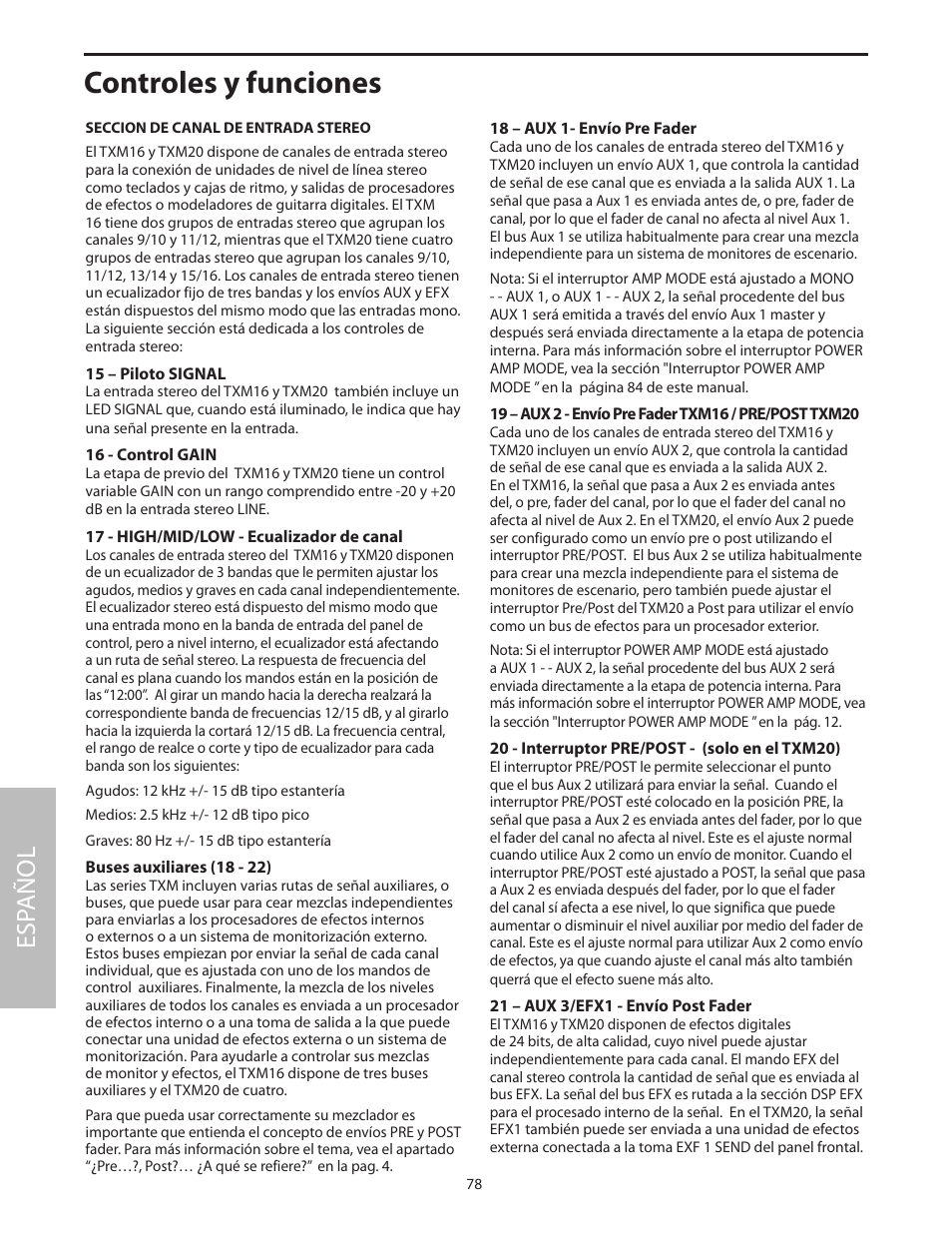 Controles y funciones, Esp añol | Samson Txm16 User Manual | Page 82 / 132