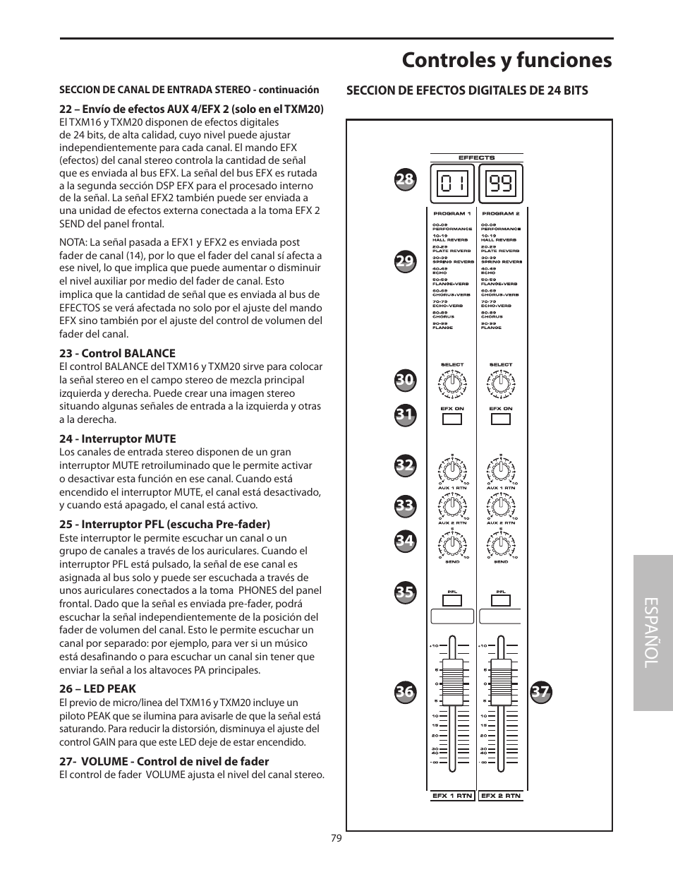 Seccion de efectos digitales de 24 bits, Controles y funciones, Esp añol | Samson Txm16 User Manual | Page 83 / 132