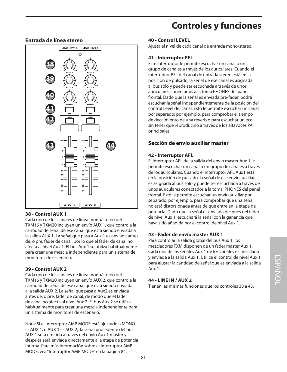 Entrada de línea stereo, 38 - control aux 1, Sección de envío auxiliar master | Controles y funciones, Esp añol | Samson Txm16 User Manual | Page 85 / 132