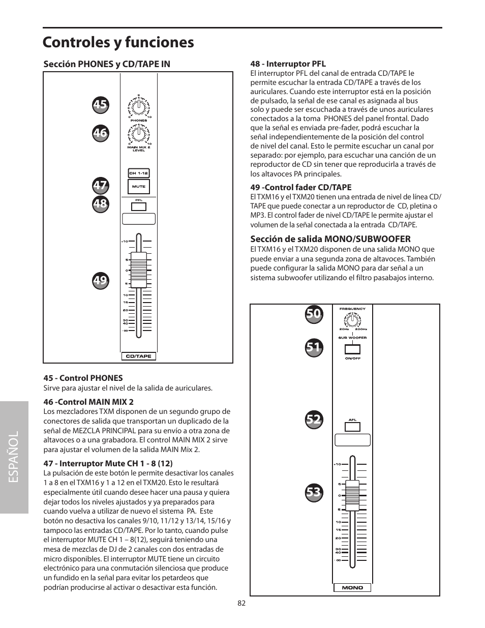 Sección phones y cd/tape in, Sección de salida mono/subwoofer, Controles y funciones | Esp añol | Samson Txm16 User Manual | Page 86 / 132