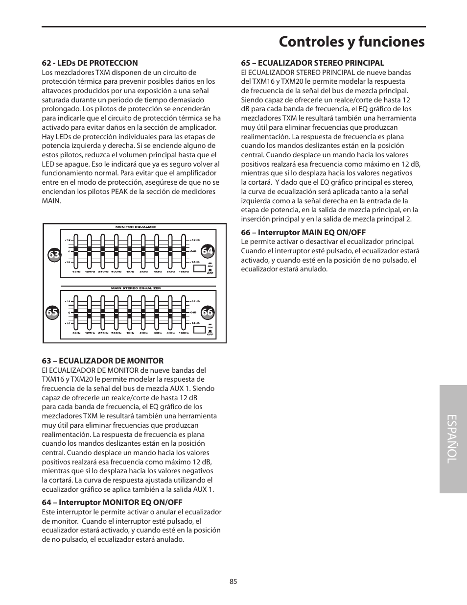 Controles y funciones, Esp añol | Samson Txm16 User Manual | Page 89 / 132
