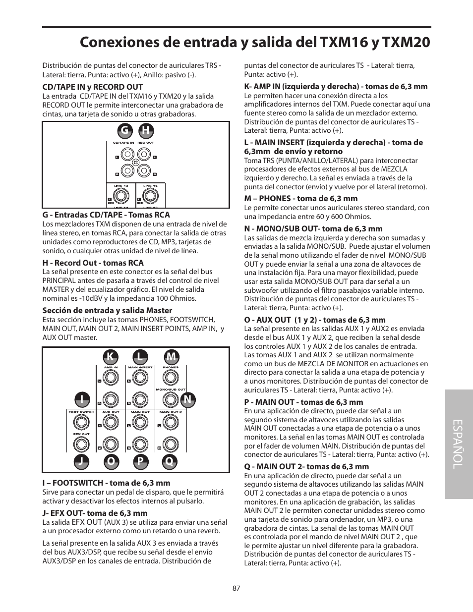 Conexiones de entrada y salida del txm16 y txm20, Esp añol | Samson Txm16 User Manual | Page 91 / 132