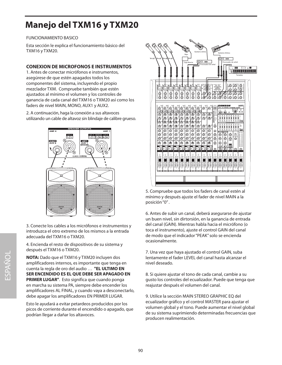 Manejo del txm16 y txm20, Esp añol, Conexion de microfonos e instrumentos | Samson Txm16 User Manual | Page 94 / 132