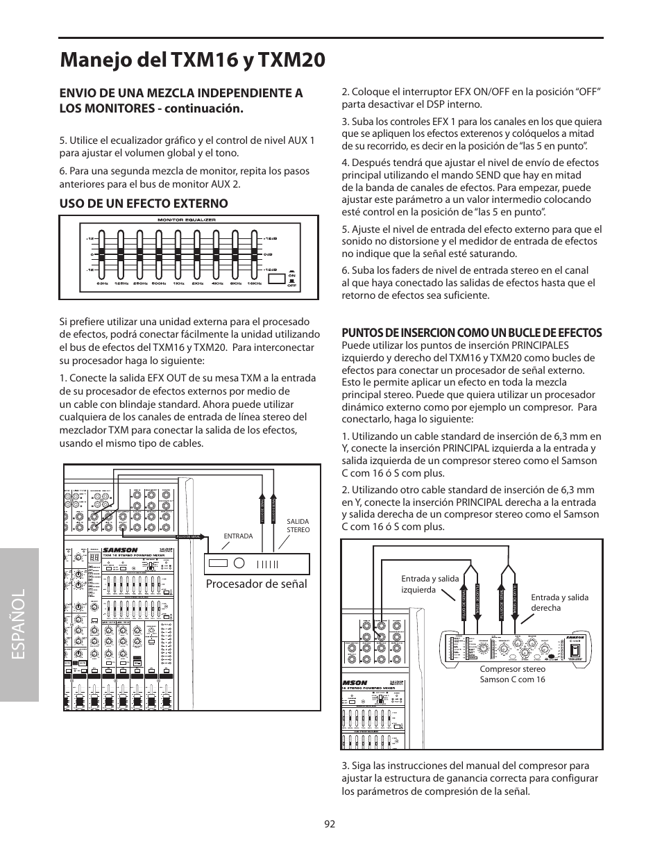 Manejo del txm16 y txm20, Esp añol, Puntos de insercion como un bucle de efectos | Uso de un efecto externo, Procesador de señal | Samson Txm16 User Manual | Page 96 / 132