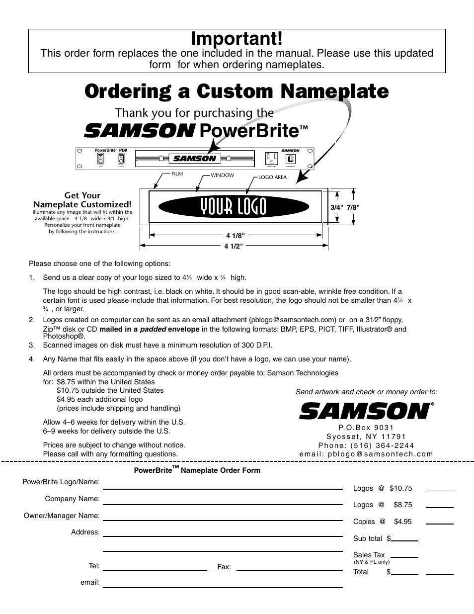 Ordering a custom nameplate, Your logo, Samson | Powerbrite, Important, Get your nameplate customized | Samson PowerBrite Pro7 User Manual | Page 15 / 16