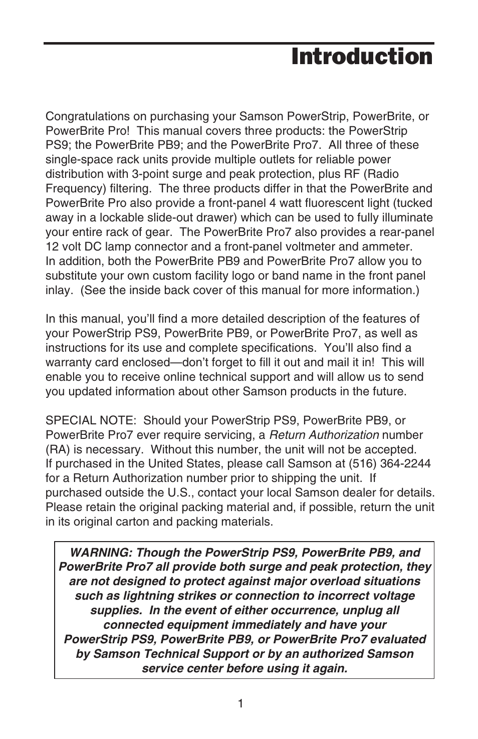 Introduction | Samson PowerBrite Pro7 User Manual | Page 3 / 16