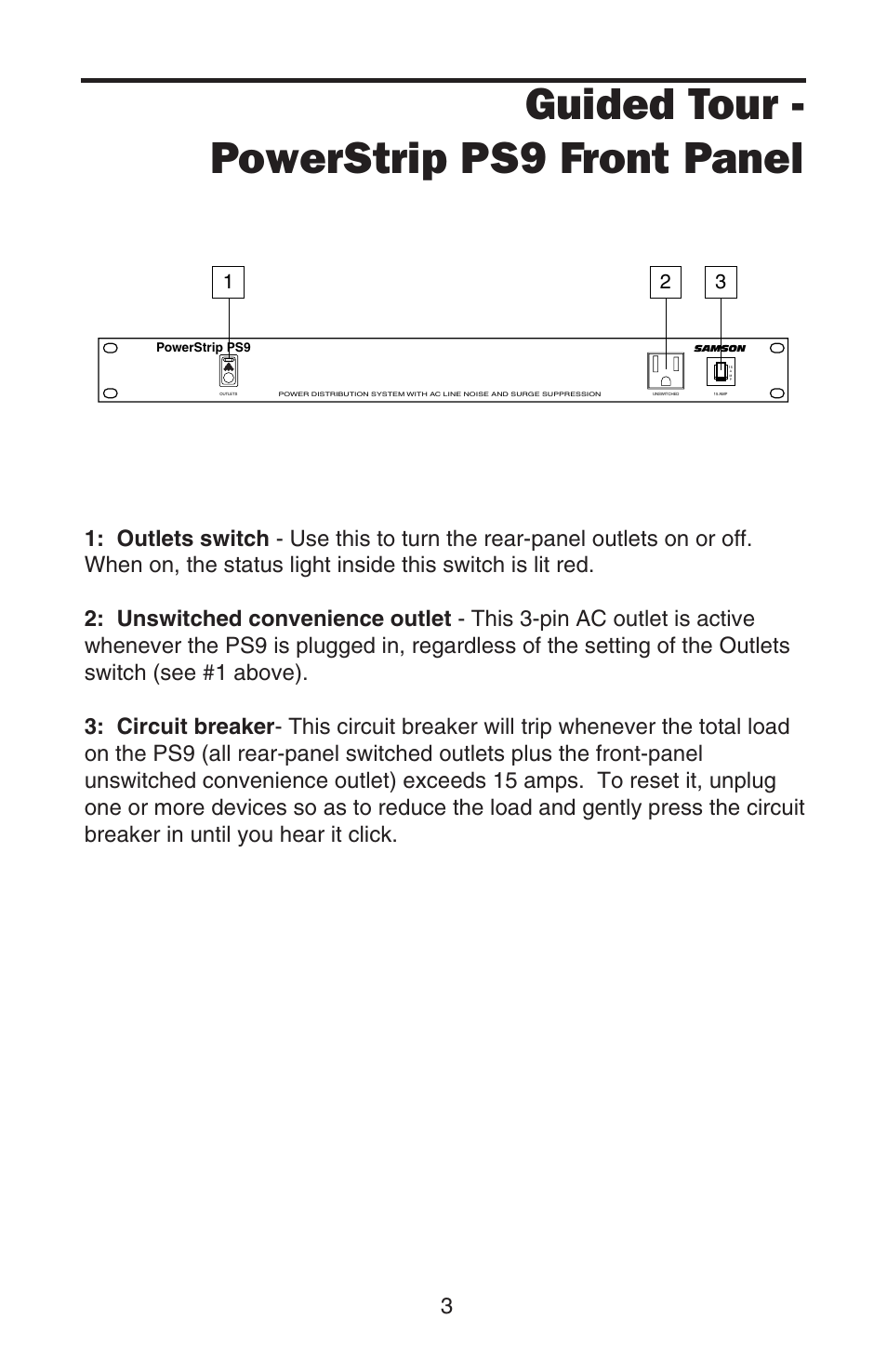 Guided tour, Ps9 front panel, Guided tour - powerstrip ps9 front panel | Samson PowerBrite Pro7 User Manual | Page 5 / 16