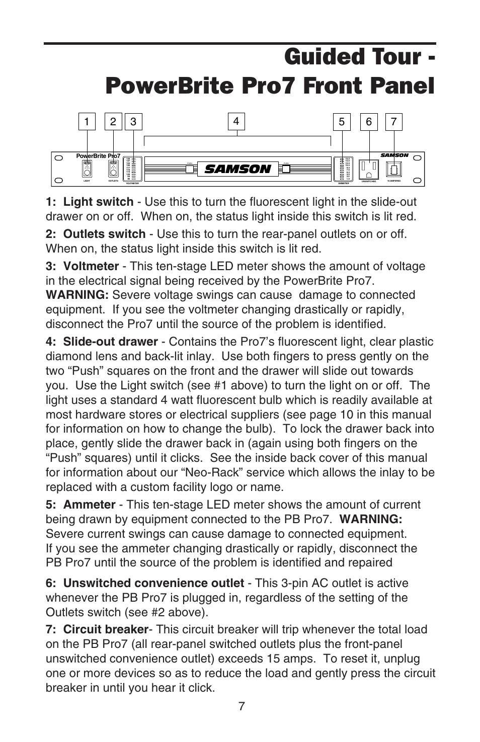 Pro7 front panel, Guided tour - powerbrite pro7 front panel, Samson | Samson PowerBrite Pro7 User Manual | Page 9 / 16