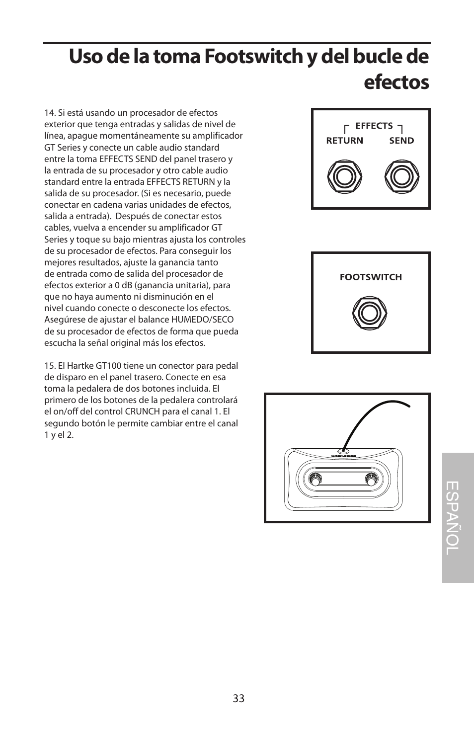 Uso de la toma footswitch y del bucle de efectos, Esp añol | Samson GT100C User Manual | Page 37 / 56