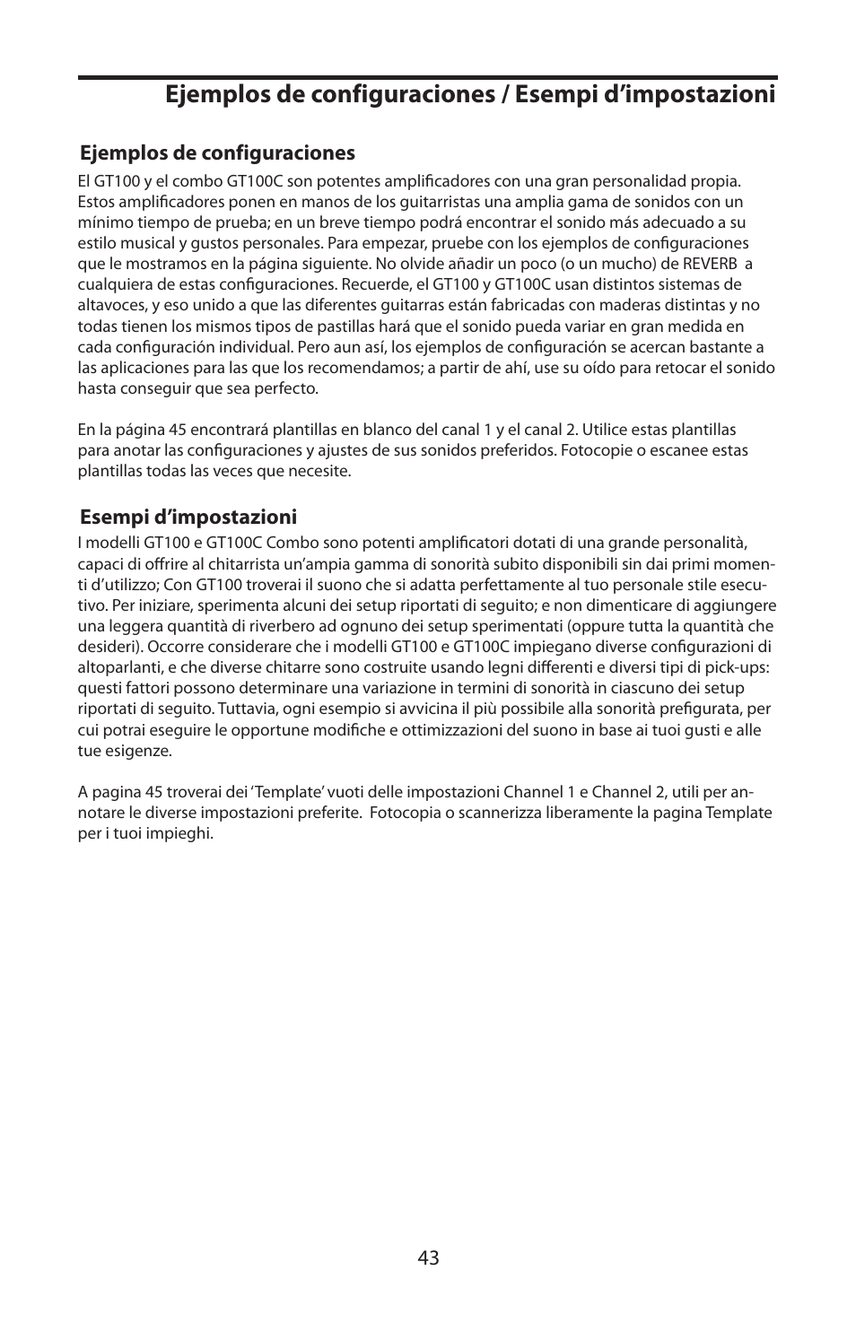 Esempi d’impostazioni /ejemplos de configuraciones, Ejemplos de configuraciones esempi d’impostazioni | Samson GT100C User Manual | Page 47 / 56