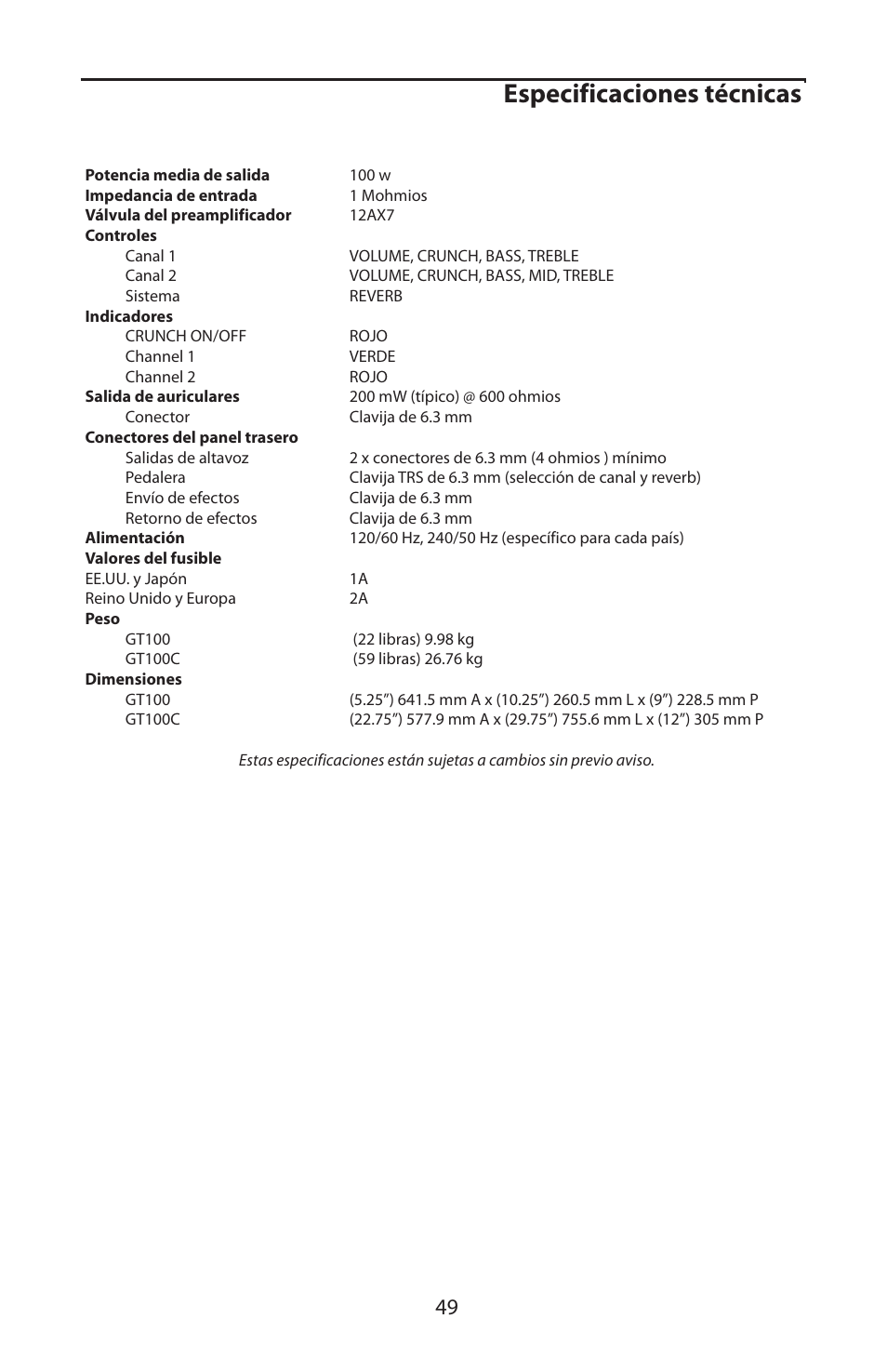 Especificaciones técnicas | Samson GT100C User Manual | Page 53 / 56