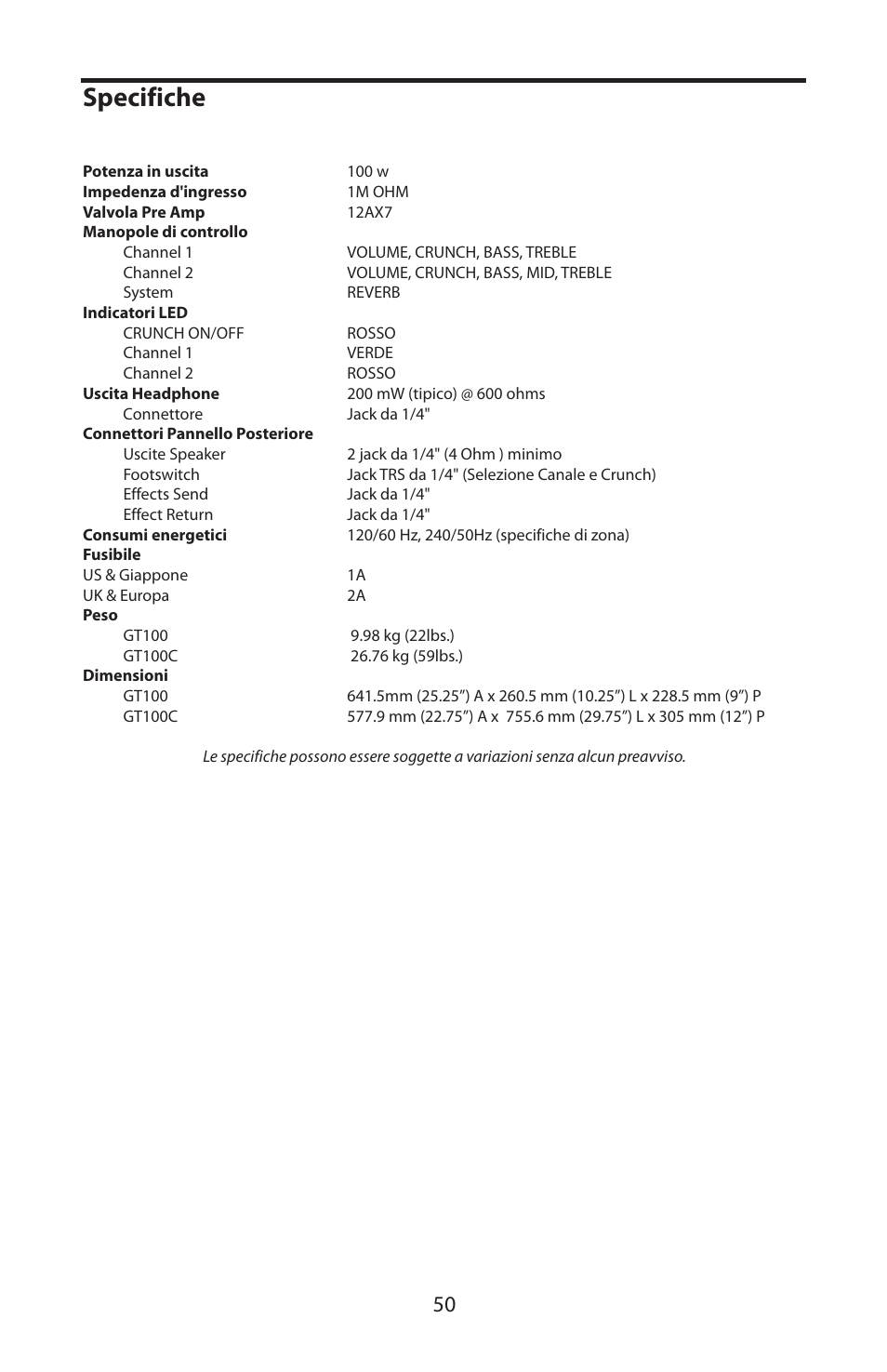 Specifiche | Samson GT100C User Manual | Page 54 / 56