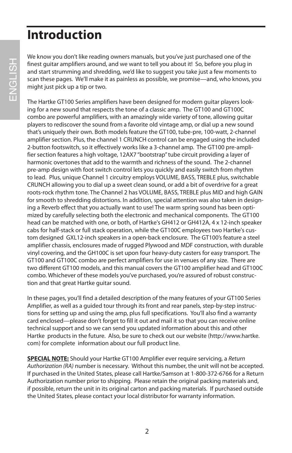 English, Introduction | Samson GT100C User Manual | Page 6 / 56