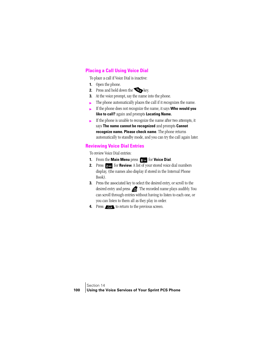 Placing a call using voice dial, Reviewing voice dial entries | Samsung SPH-A400 User Manual | Page 100 / 157