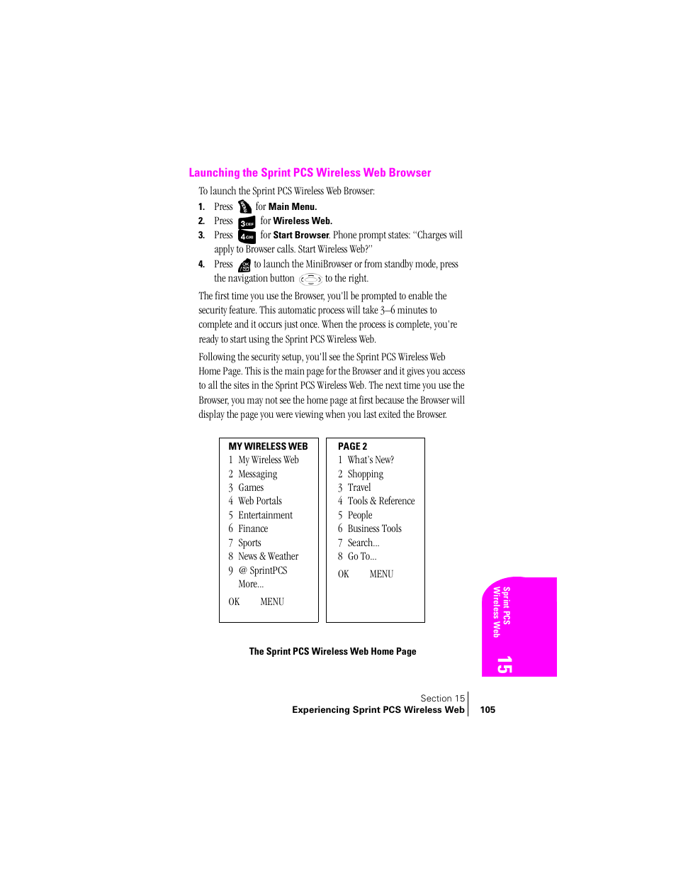 Launching the sprint pcs wireless web browser | Samsung SPH-A400 User Manual | Page 105 / 157