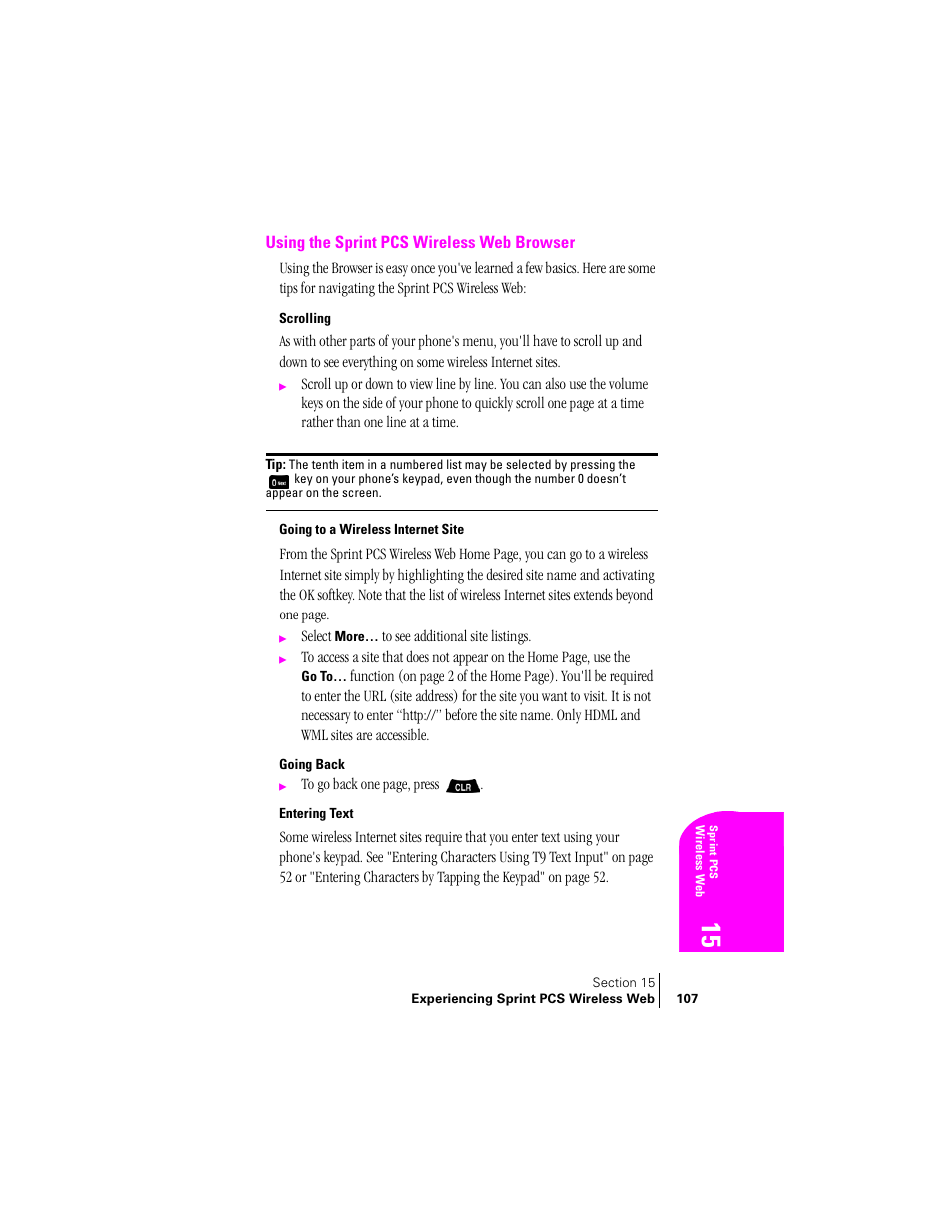 Using the sprint pcs wireless web browser, Scrolling, Going to a wireless internet site | Going back, Entering text | Samsung SPH-A400 User Manual | Page 107 / 157