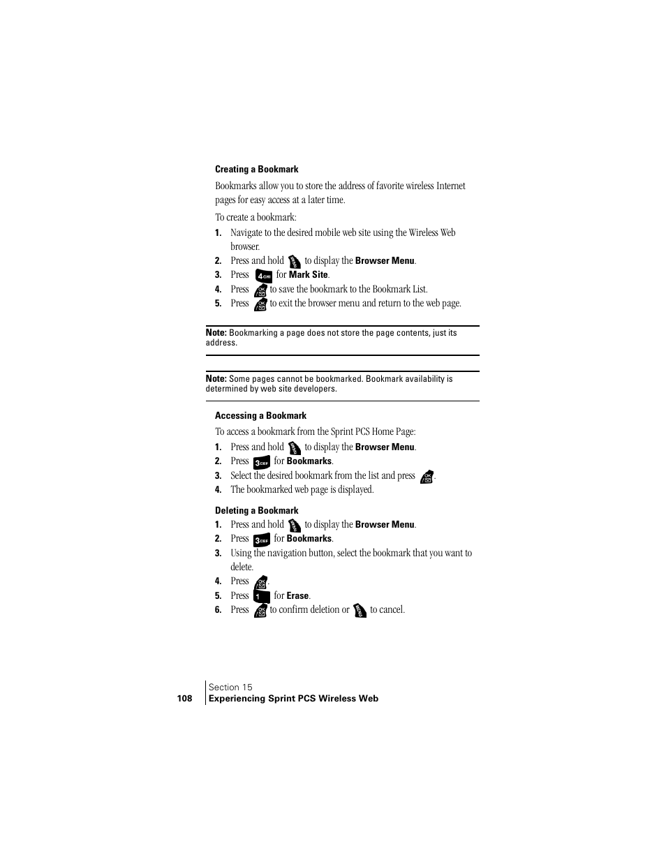 Creating a bookmark, Accessing a bookmark, Deleting a bookmark | Samsung SPH-A400 User Manual | Page 108 / 157