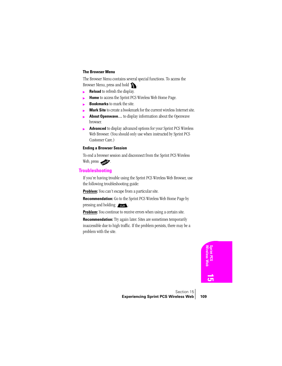 The browser menu, Ending a browser session, Troubleshooting | Samsung SPH-A400 User Manual | Page 109 / 157