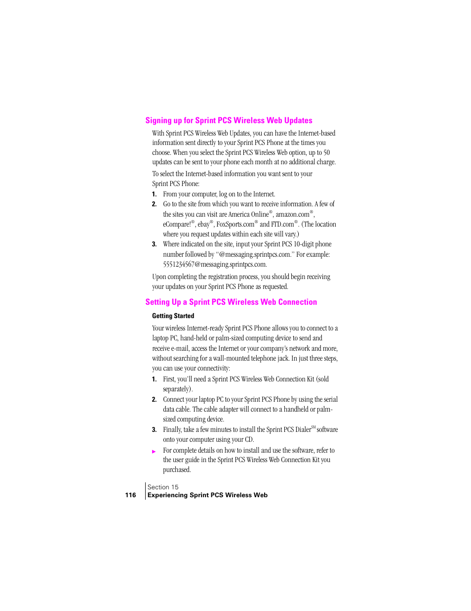 Signing up for sprint pcs wireless web updates, Setting up a sprint pcs wireless web connection, Getting started | Samsung SPH-A400 User Manual | Page 116 / 157
