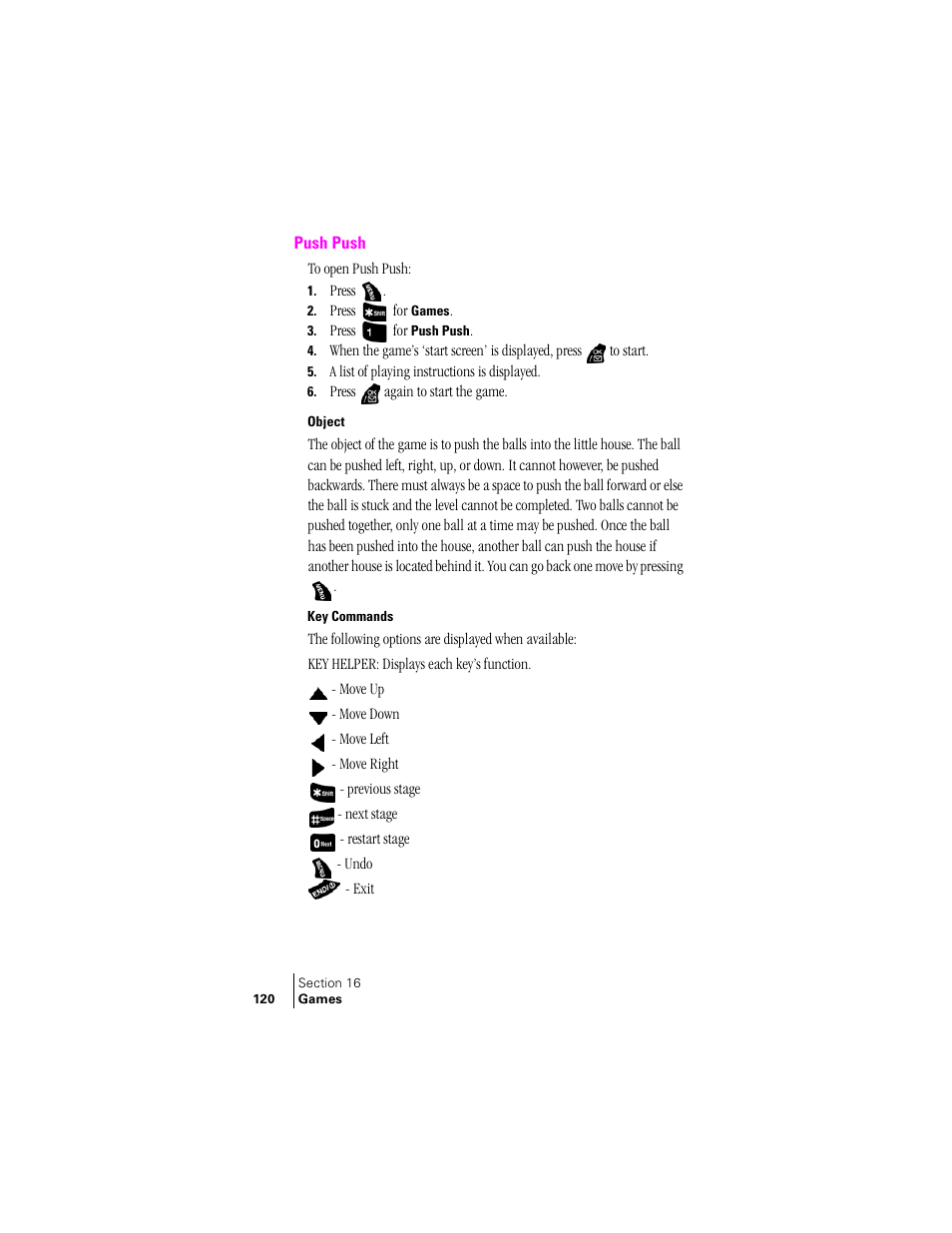 Push push, Object, Key commands | Samsung SPH-A400 User Manual | Page 120 / 157