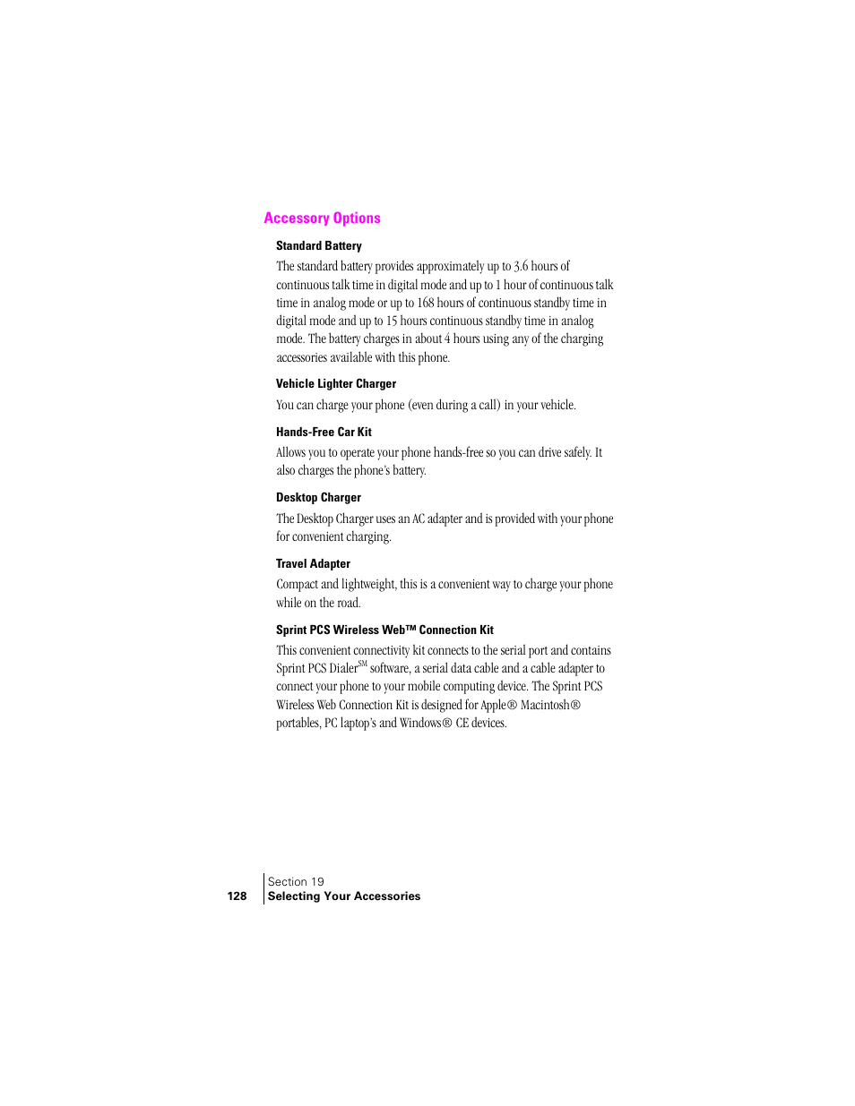 Accessory options, Standard battery, Vehicle lighter charger | Hands-free car kit, Desktop charger, Travel adapter, Sprint pcs wireless web™ connection kit | Samsung SPH-A400 User Manual | Page 128 / 157