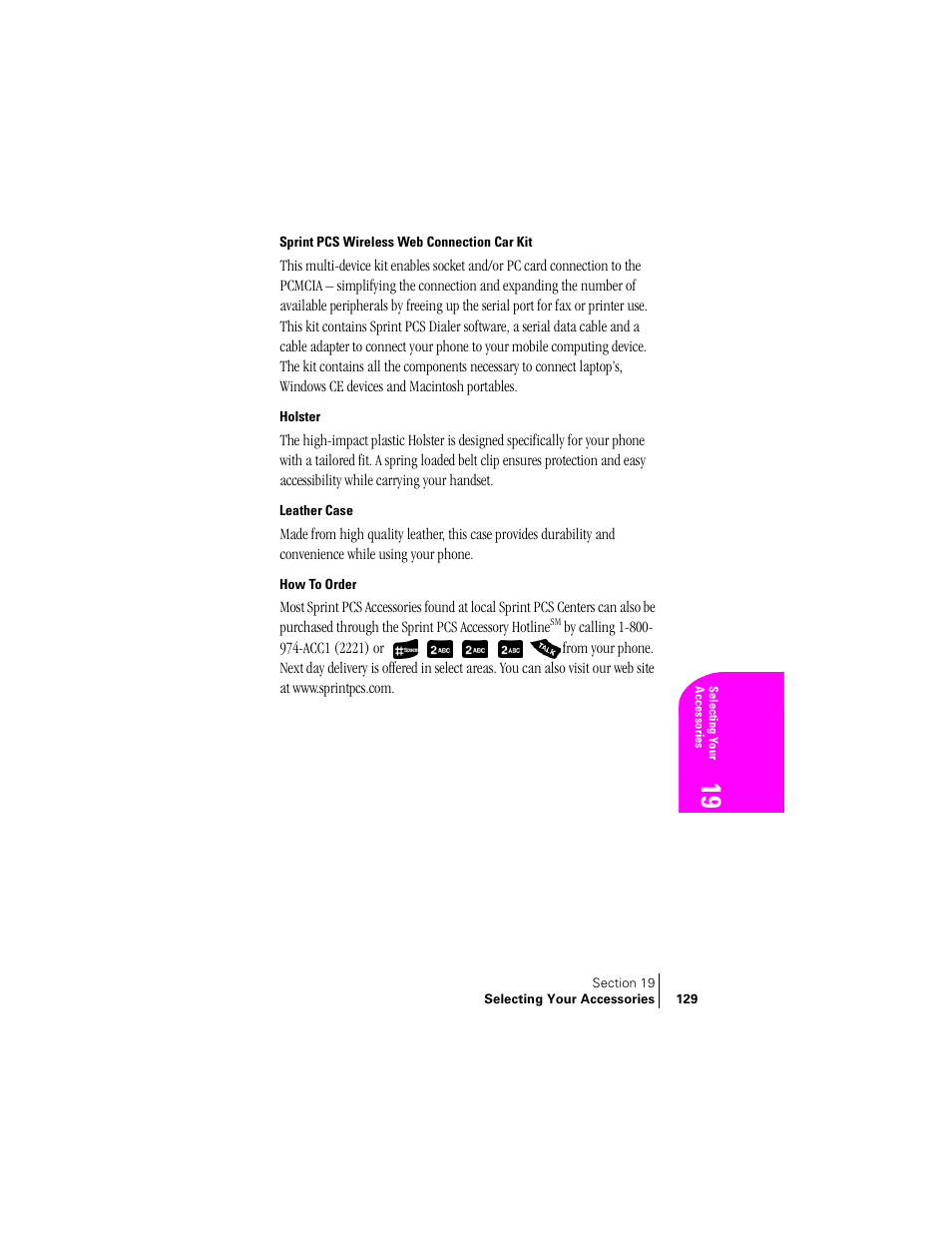 Sprint pcs wireless web connection car kit, Holster, Leather case | How to order | Samsung SPH-A400 User Manual | Page 129 / 157