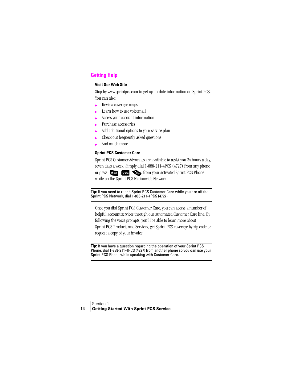 Getting help, Visit our web site, Sprint pcs customer care | Samsung SPH-A400 User Manual | Page 14 / 157