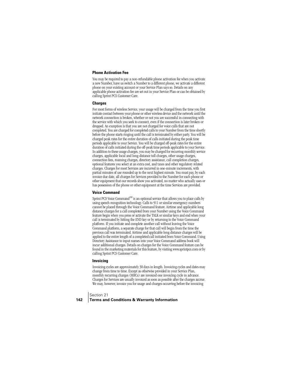 Phone activation fee, Charges, Voice command | Invoicing | Samsung SPH-A400 User Manual | Page 142 / 157