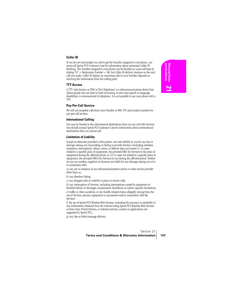 Caller id, Tty access, Pay-per-call service | International calling, Limitation of liability | Samsung SPH-A400 User Manual | Page 147 / 157