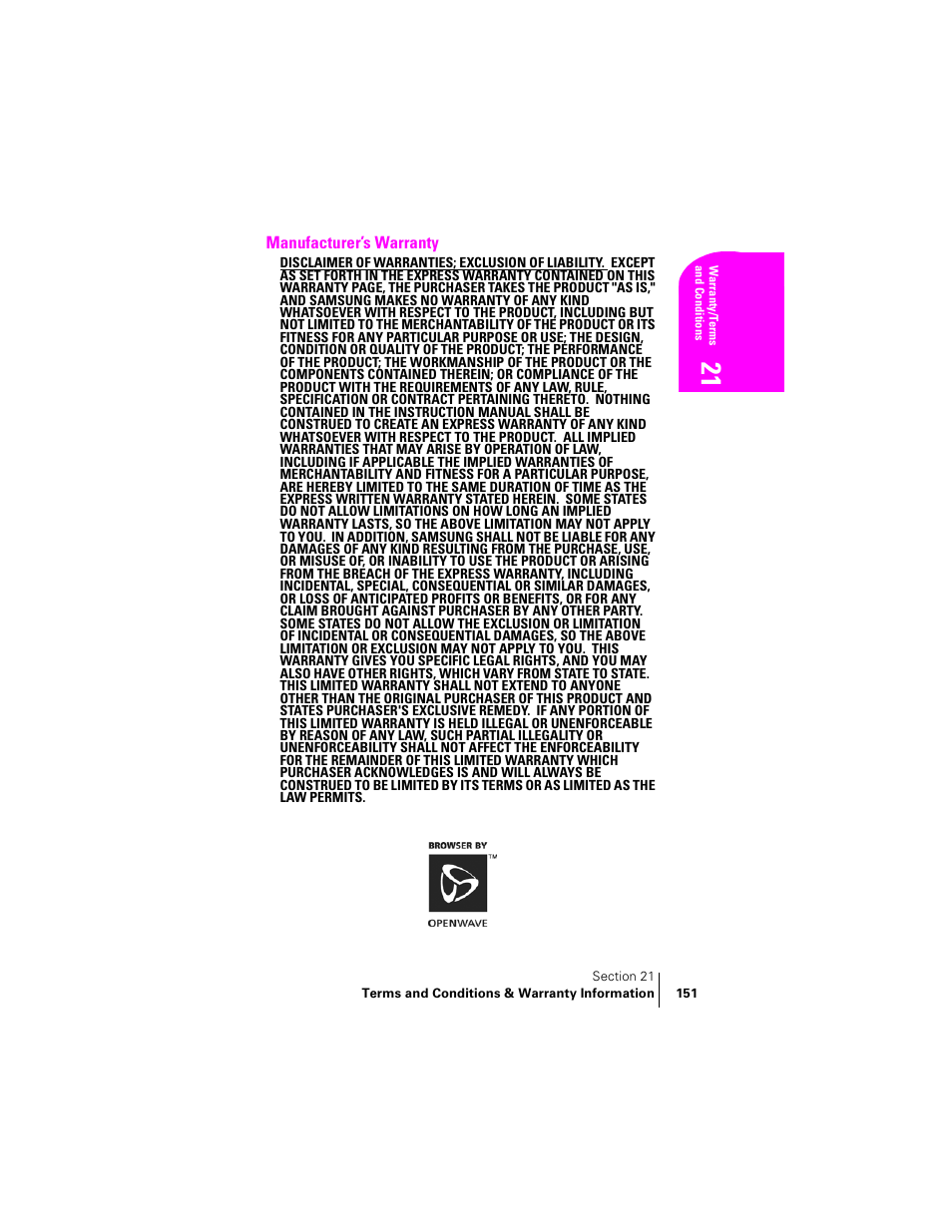 Manufacturer’s warranty | Samsung SPH-A400 User Manual | Page 151 / 157